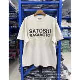 Satoshi summer american retroletterprinting washed and distressed spray dirty crackle loose short-sleeved t-shirt
