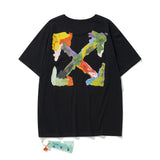 Wholesale off short sleeve ow dissolved arrow gradient starry sky splash ink t-shirt yellow tape warning line love