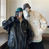 Unisex Baseball Jersey PU Vintage Casual Loose Couple Jacket