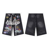 American retro valeforever washed & distressed hotfix rhinestone cotton shorts high street hooded sweatshirt