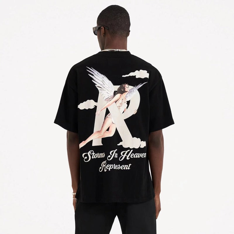Represent short-sleeved angel print high street pure cotton accessible luxury couple loose shark doberman t