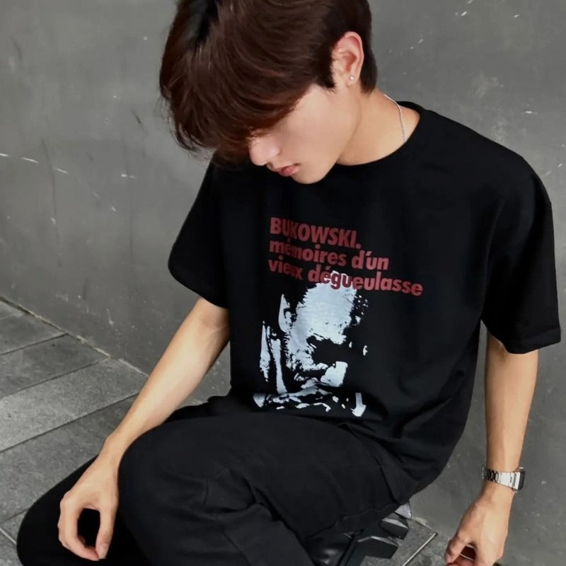Erd: brooding rich kid - american retro portrait print rock 'n' roll hip-hop pocket oversized short sleeve tee