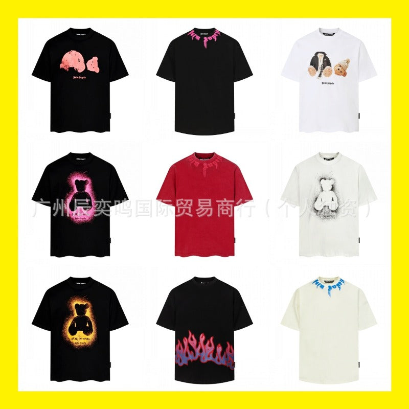 beheaded bear short-sleeved pa flame letter flow paint back logo trendy couple t-shirt