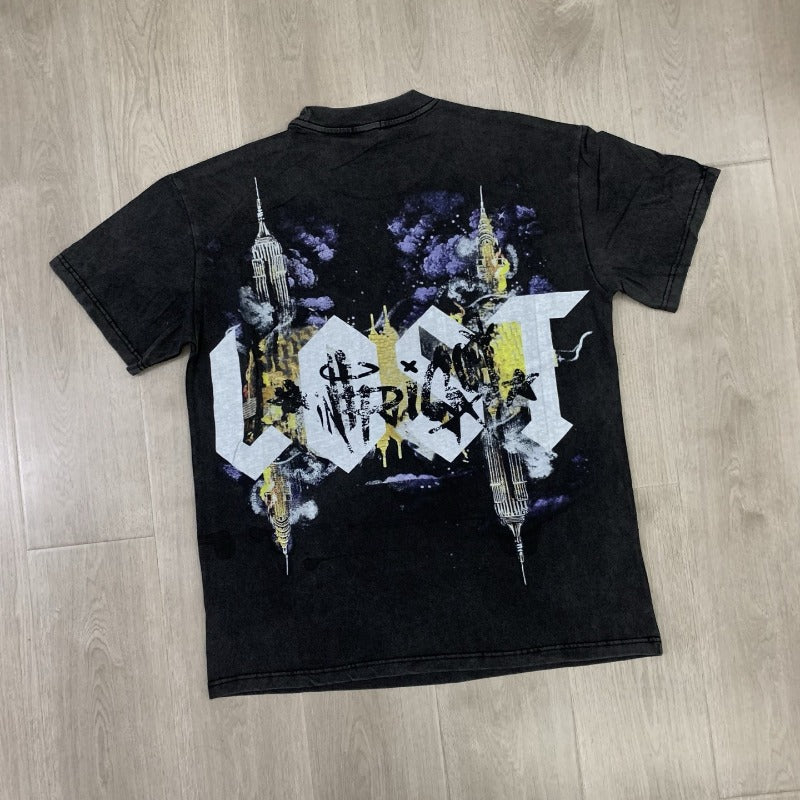 High quality lost intricacy dark torch hot diamond washed distressed round neck short-sleeved t-shirt