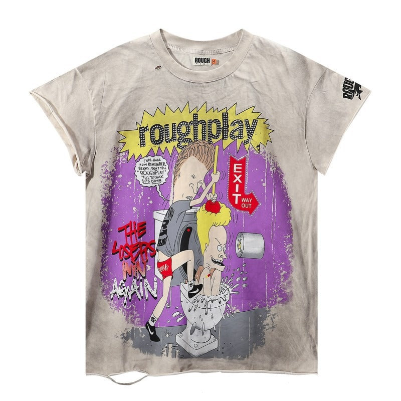 High street style roughplay gorilla print tee - distressed ripped faux layered short sleeve - american retro trend