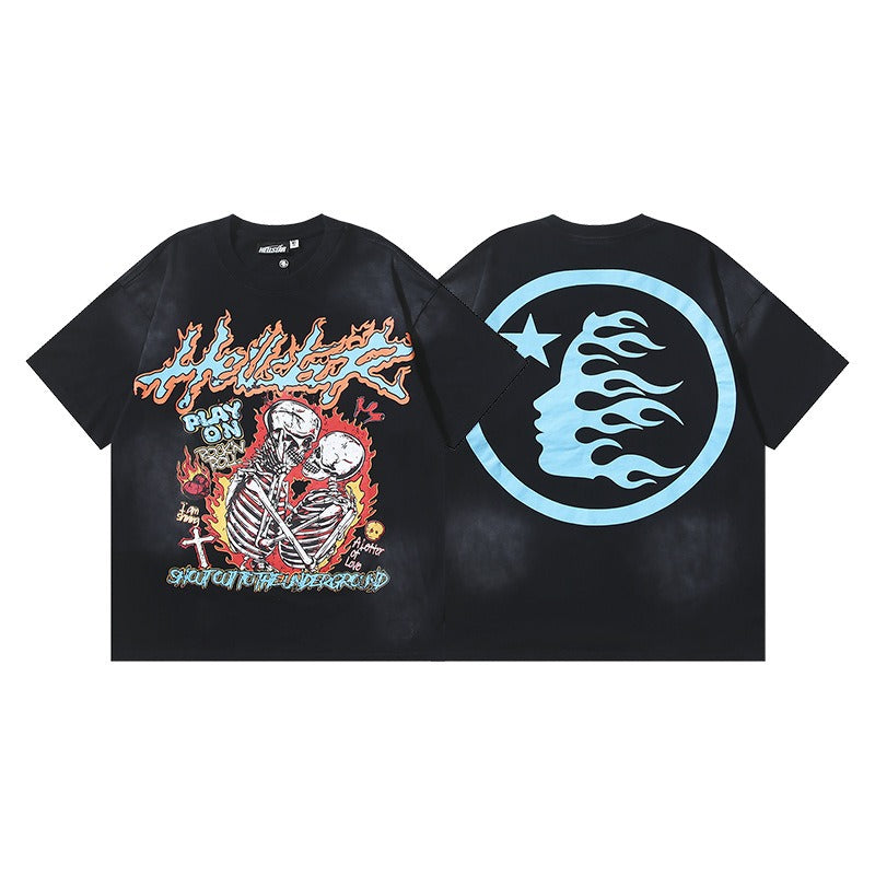 Ss american skull washed and distressed letter loose plus size short sleeve streetwear t-shirt - men's trendy style