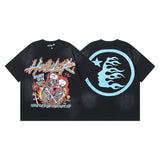 Ss american skull washed and distressed letter loose plus size short sleeve streetwear t-shirt - men's trendy style