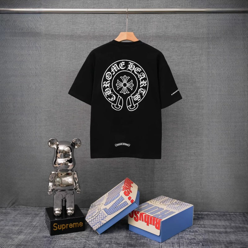 authentic edition chest pocket cross gradient horseshoe flower print short sleeve couple t-shirt