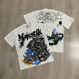 Majestik american street style retroprinting distressed loose hot diamond high street style tops short-sleeved t-shirt