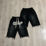 American retro valeforever washed & distressed hotfix rhinestone cotton shorts high street hooded sweatshirt