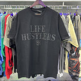 Meichao life husters masked tattoo angel print hotfix rhinestone lettering oversized casual short sleeve t-shirt