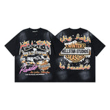 Ss american skull washed and distressed letter loose plus size short sleeve streetwear t-shirt - men's trendy style