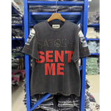 Satoshi summer american retroletterprinting washed and distressed spray dirty crackle loose short-sleeved t-shirt