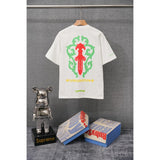 authentic edition chest pocket cross gradient horseshoe flower print short sleeve couple t-shirt