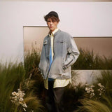 Unisex Baseball Jersey Vintage Washed Old Denim Jacket Zip Jacket