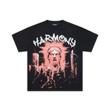 Los angeles american style harmony print hotfix rhinestone washed vintage distressed loose fit 100% cotton short sleeve t-shirt