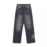Unisex Jeans Vintage Washed Rough Rim Straight Loose Jeans
