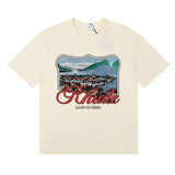 Rhude T Shirts Lake Como Lakeside Town Printed Cotton Casual Short Sleeves Men and Women