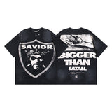 Ss american skull washed and distressed letter loose plus size short sleeve streetwear t-shirt - men's trendy style