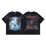 Ss american skull washed and distressed letter loose plus size short sleeve streetwear t-shirt - men's trendy style