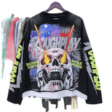 American retro style roughplay jesus faux two-piece long sleeve sweatshirt - skull rock washed distressed ripped
