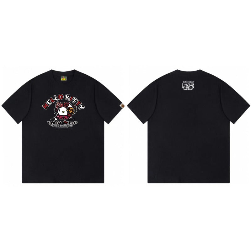 Top-tier! sanrio ou family summer bape seamless crewneck g pure cotton short-sleeve t-shirt for men