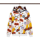 streetwear zip hoodie cartoon letter print zip-up sweatshirt and pants camouflage set