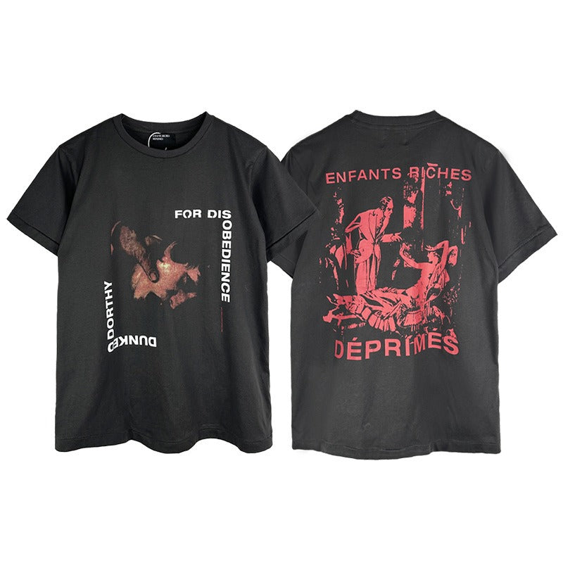 Erd melancholic rich second generation short-sleeved portrait sketch graffiti cross-border new high street loosecasual print