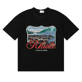 Rhude T Shirts Lake Como Lakeside Town Printed Cotton Casual Short Sleeves Men and Women