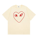 Correct version star kawakubo pla heartembroider short-sleeved pure cotton red heart peach couple t-shirt y