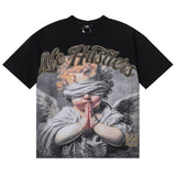 Meichao life husters masked tattoo angel print hotfix rhinestone lettering oversized casual short sleeve t-shirt