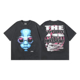 Ss american skull washed and distressed letter loose plus size short sleeve streetwear t-shirt - men's trendy style