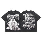 Ss american skull washed and distressed letter loose plus size short sleeve streetwear t-shirt - men's trendy style