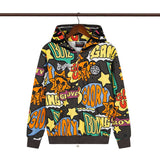 streetwear zip hoodie cartoon letter print zip-up sweatshirt and pants camouflage set