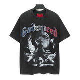 Cross-border wholesale high version gods short-sleeved heavy weight washed fog high street skull pure cotton printed round