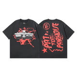 Ss american skull washed and distressed letter loose plus size short sleeve streetwear t-shirt - men's trendy style