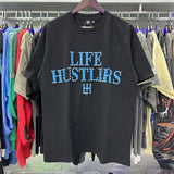 Meichao life husters masked tattoo angel print hotfix rhinestone lettering oversized casual short sleeve t-shirt