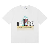 Rhude T Shirts Coconut Sunset Sailing Printing Cotton Casual Loose Short Sleeve Men and Women