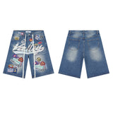 American retro valeforever washed distressed hotfix rhinestone ripped denim shorts - high street style