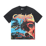 Cross-border gs american high street washed retro skull racing machine girl printing short-sleeved fashion