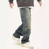 Unisex Jeans Vintage Washed Rough Rim Straight Loose Jeans