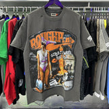 High street style roughplay gorilla print tee - distressed ripped faux layered short sleeve - american retro trend