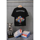 authentic edition chest pocket cross gradient horseshoe flower print short sleeve couple t-shirt