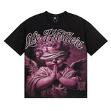 Meichao life husters masked tattoo angel print hotfix rhinestone lettering oversized casual short sleeve t-shirt