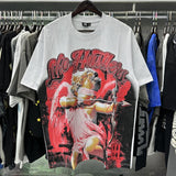 Meichao life husters masked tattoo angel print hotfix rhinestone lettering oversized casual short sleeve t-shirt
