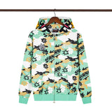 streetwear zip hoodie cartoon letter print zip-up sweatshirt and pants camouflage set