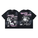 Ss american skull washed and distressed letter loose plus size short sleeve streetwear t-shirt - men's trendy style