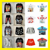 Wholesale american streetwear mixed emotion hotfix rhinestone print short sleeve t-shirt, hoodie, sweatpants, and jacket set