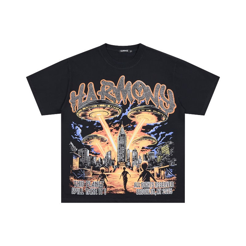 Los angeles american style harmony print hotfix rhinestone washed vintage distressed loose fit 100% cotton short sleeve t-shirt