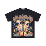 Los angeles american style harmony print hotfix rhinestone washed vintage distressed loose fit 100% cotton short sleeve t-shirt